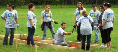 CA Volunteers building raised vegetable beds